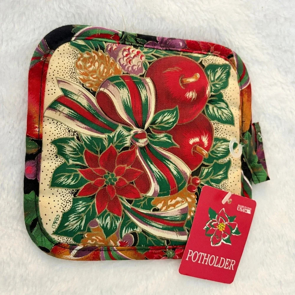 Barth & Dreyfuss Potholders Set 3 Christmas Poinsettia Apple Vintage Red Green